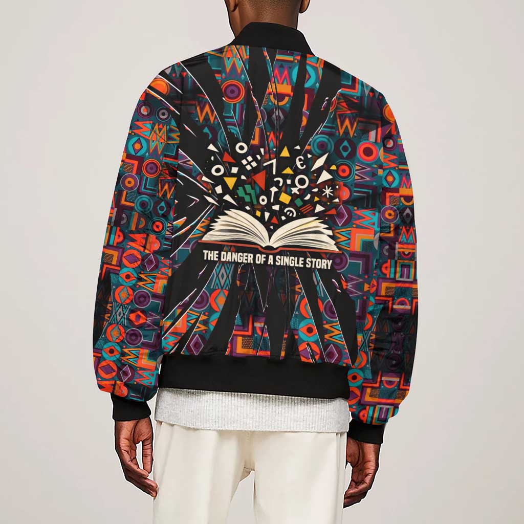 Chimamanda Ngozi Adichie Sleeve Zip Bomber Jacket with Monochrome Portrait, The Danger of a Single Story Quote - African Pride