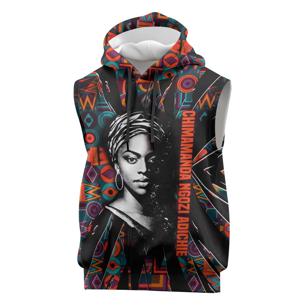 Chimamanda Ngozi Adichie Sleeveless Hoodie with Monochrome Portrait, The Danger of a Single Story Quote - African Pride