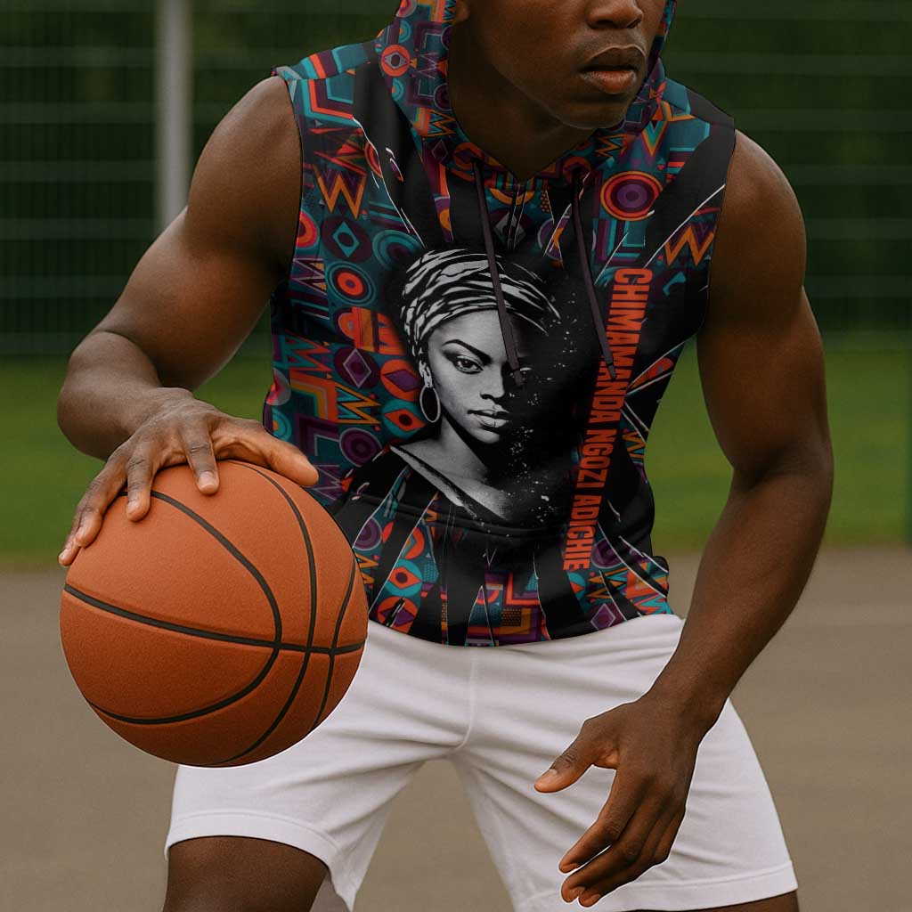 Chimamanda Ngozi Adichie Sleeveless Hoodie with Monochrome Portrait, The Danger of a Single Story Quote - African Pride