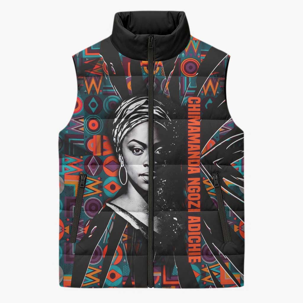 Chimamanda Ngozi Adichie Sleeveless Puffer Jacket with Monochrome Portrait, The Danger of a Single Story Quote - African Pride
