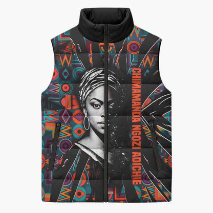Chimamanda Ngozi Adichie Sleeveless Puffer Jacket with Monochrome Portrait, The Danger of a Single Story Quote - African Pride