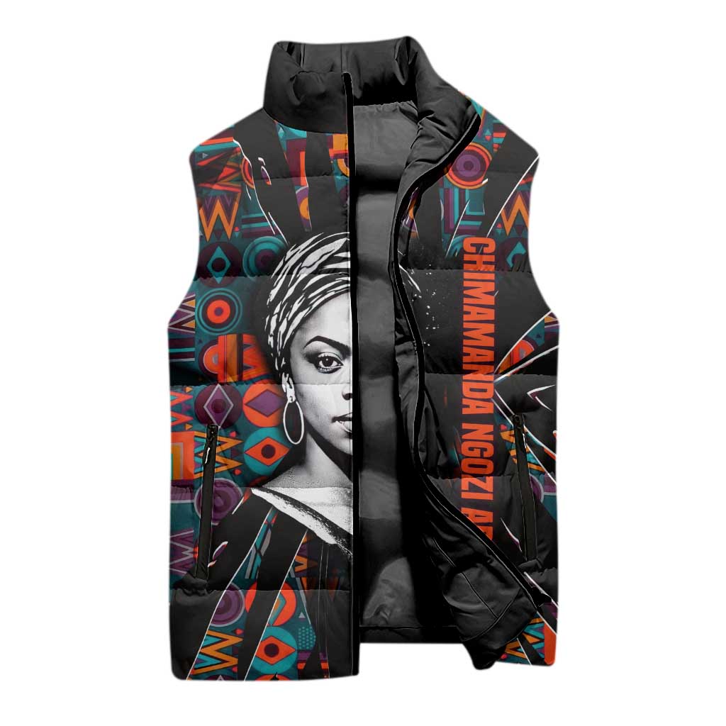 Chimamanda Ngozi Adichie Sleeveless Puffer Jacket with Monochrome Portrait, The Danger of a Single Story Quote - African Pride