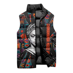 Chimamanda Ngozi Adichie Sleeveless Puffer Jacket with Monochrome Portrait, The Danger of a Single Story Quote - African Pride