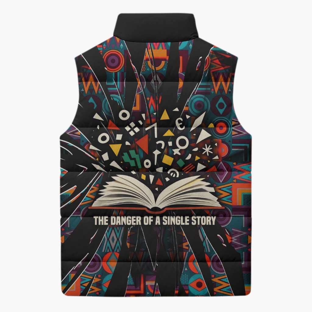 Chimamanda Ngozi Adichie Sleeveless Puffer Jacket with Monochrome Portrait, The Danger of a Single Story Quote - African Pride