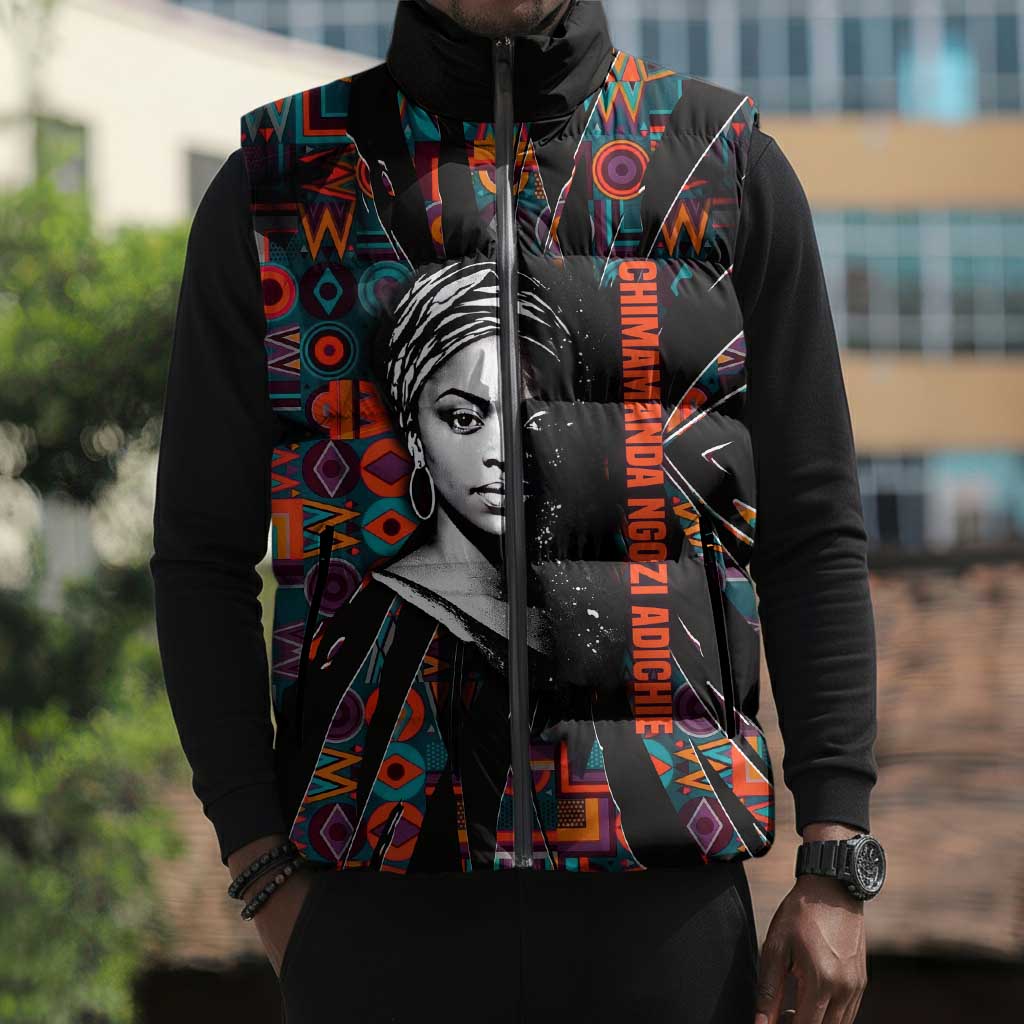 Chimamanda Ngozi Adichie Sleeveless Puffer Jacket with Monochrome Portrait, The Danger of a Single Story Quote - African Pride