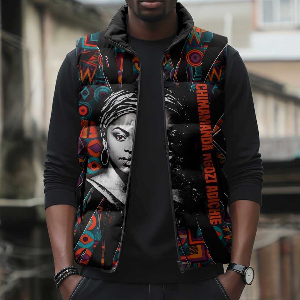 Chimamanda Ngozi Adichie Sleeveless Puffer Jacket with Monochrome Portrait, The Danger of a Single Story Quote - African Pride