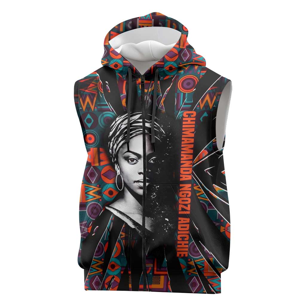 Chimamanda Ngozi Adichie Sleeveless Zip Hoodie with Monochrome Portrait, The Danger of a Single Story Quote - African Pride