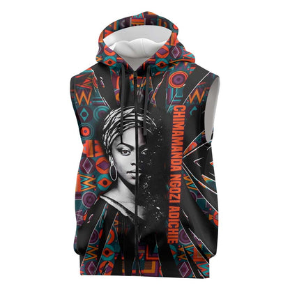 Chimamanda Ngozi Adichie Sleeveless Zip Hoodie with Monochrome Portrait, The Danger of a Single Story Quote - African Pride