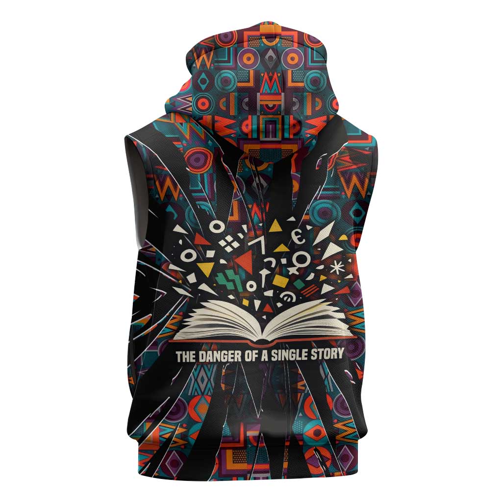 Chimamanda Ngozi Adichie Sleeveless Zip Hoodie with Monochrome Portrait, The Danger of a Single Story Quote - African Pride