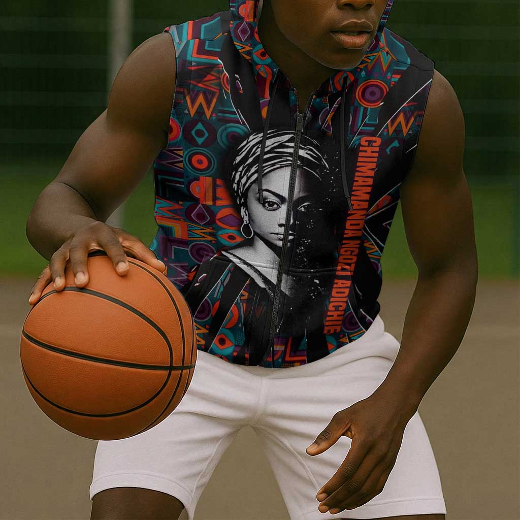 Chimamanda Ngozi Adichie Sleeveless Zip Hoodie with Monochrome Portrait, The Danger of a Single Story Quote - African Pride