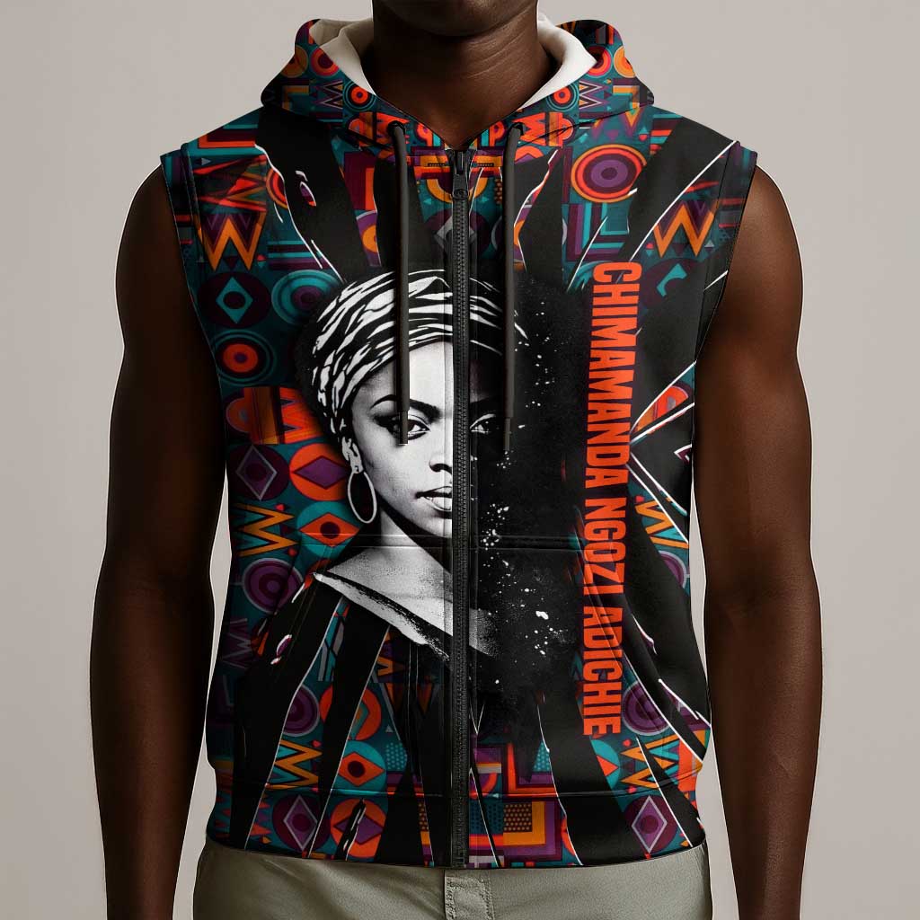 Chimamanda Ngozi Adichie Sleeveless Zip Hoodie with Monochrome Portrait, The Danger of a Single Story Quote - African Pride