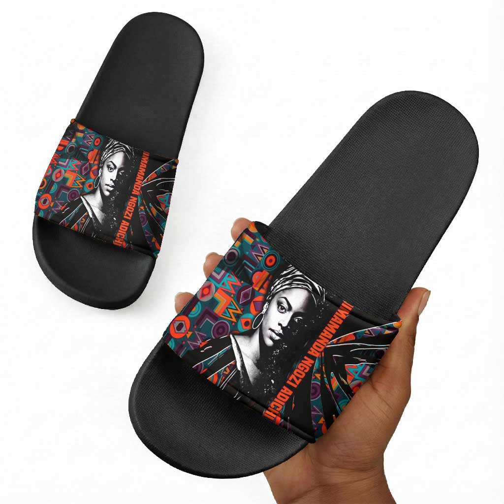 Chimamanda Ngozi Adichie Slide Sandals with Monochrome Portrait, The Danger of a Single Story Quote - African Pride