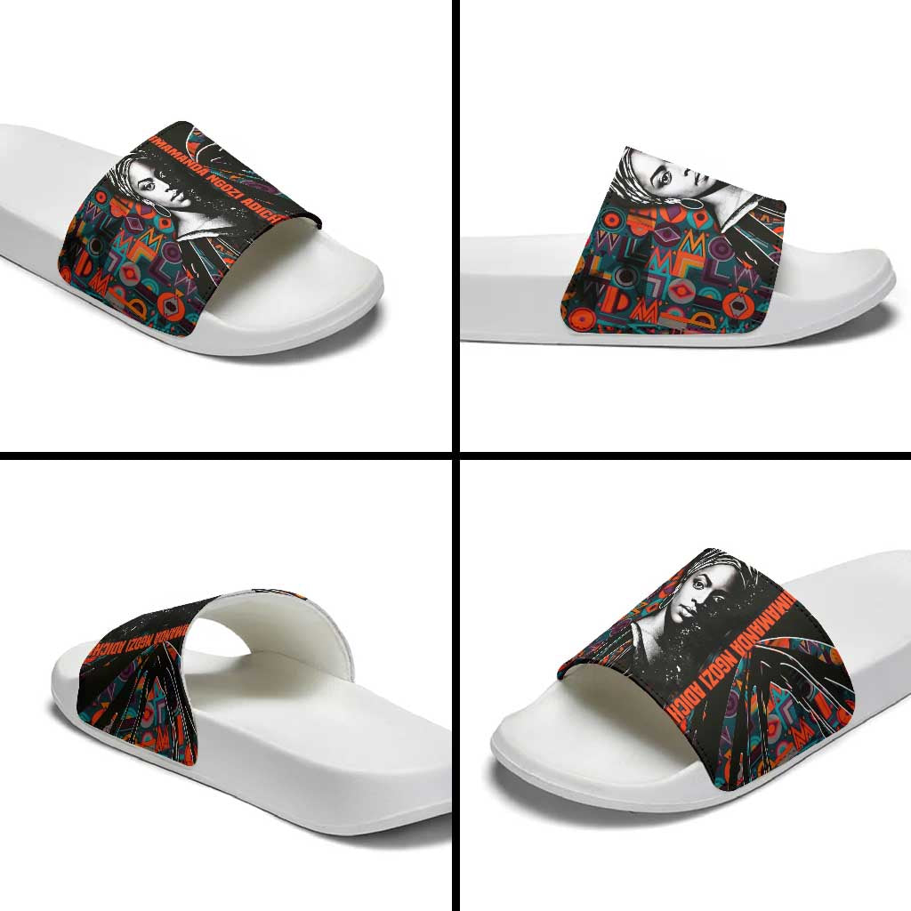 Chimamanda Ngozi Adichie Slide Sandals with Monochrome Portrait, The Danger of a Single Story Quote - African Pride