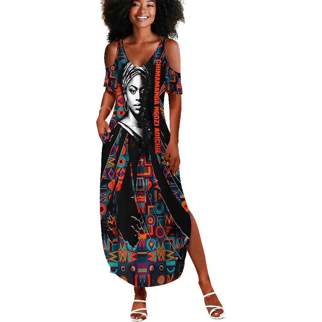 Chimamanda Ngozi Adichie Summer Maxi Dress with Monochrome Portrait, The Danger of a Single Story Quote - African Pride