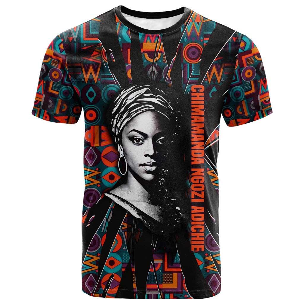 Chimamanda Ngozi Adichie T shirt with Monochrome Portrait, The Danger of a Single Story Quote - African Pride