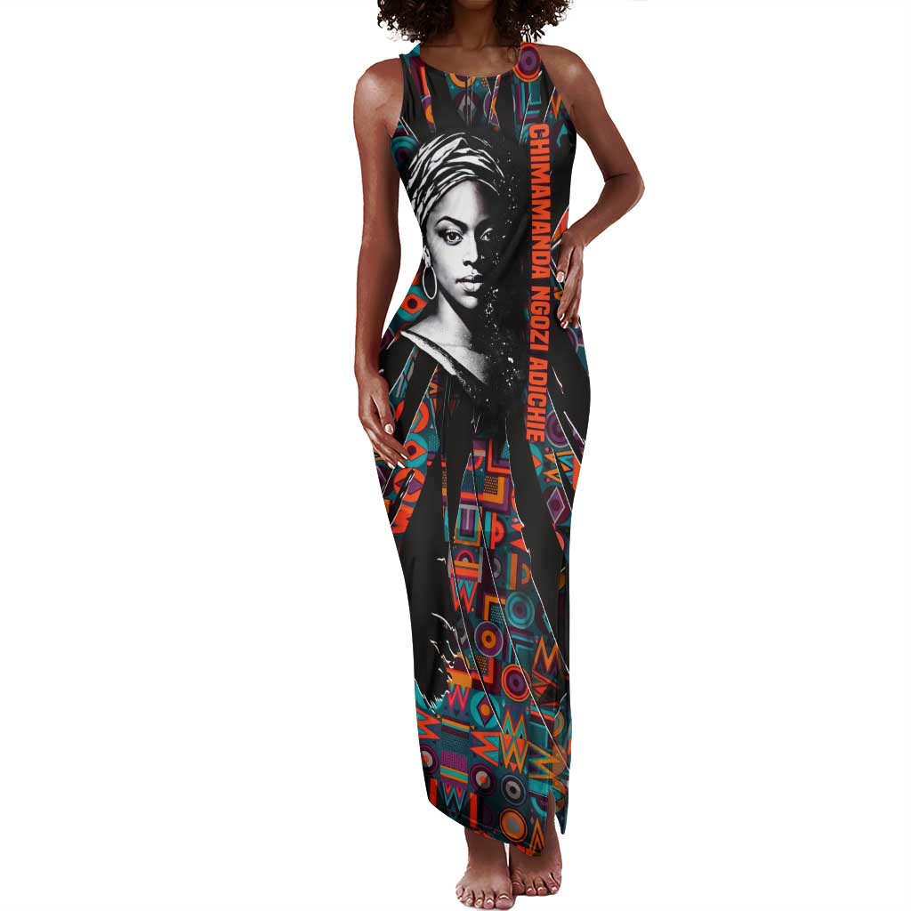 Chimamanda Ngozi Adichie Tank Maxi Dress with Monochrome Portrait, The Danger of a Single Story Quote - African Pride