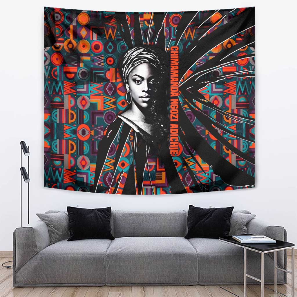 Chimamanda Ngozi Adichie Tapestry with Monochrome Portrait, The Danger of a Single Story Quote - African Pride