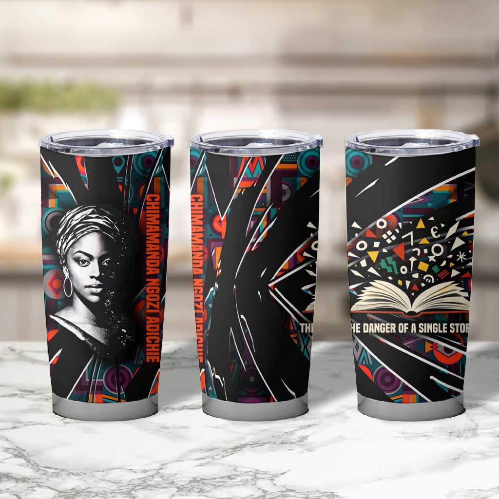Chimamanda Ngozi Adichie Tumbler Cup with Monochrome Portrait, The Danger of a Single Story Quote - African Pride