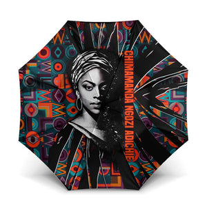 Chimamanda Ngozi Adichie Umbrella with Monochrome Portrait, The Danger of a Single Story Quote - African Pride