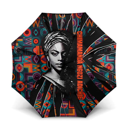 Chimamanda Ngozi Adichie Umbrella with Monochrome Portrait, The Danger of a Single Story Quote - African Pride