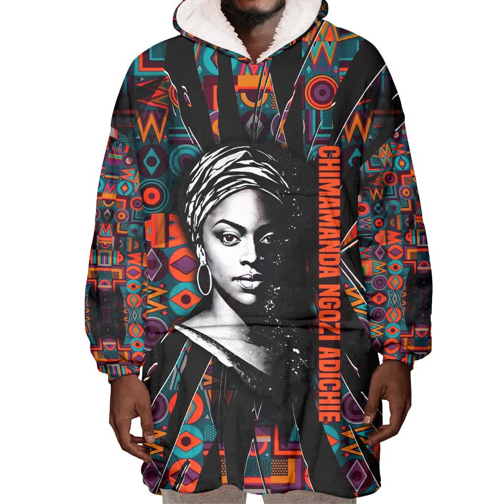 Chimamanda Ngozi Adichie Wearable Blanket Hoodie with Monochrome Portrait, The Danger of a Single Story Quote - African Pride