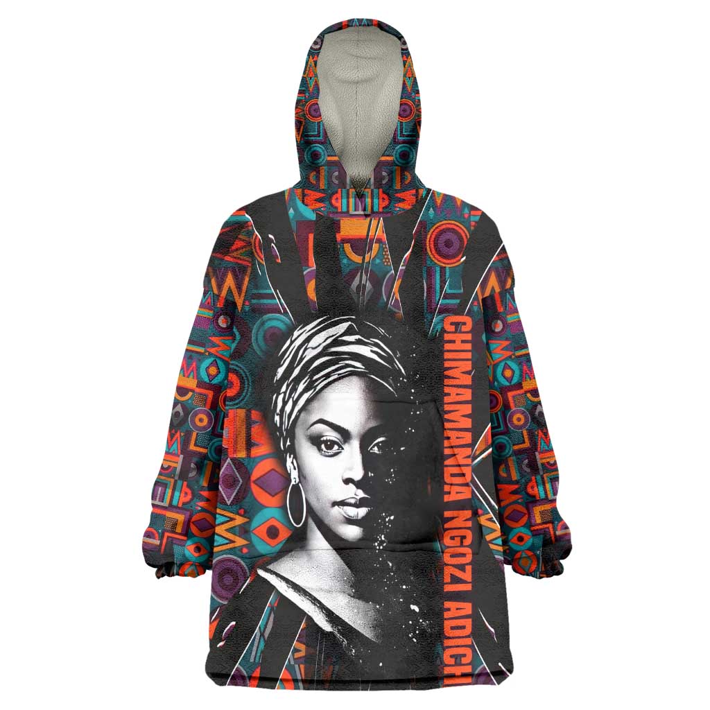 Chimamanda Ngozi Adichie Wearable Blanket Hoodie with Monochrome Portrait, The Danger of a Single Story Quote - African Pride