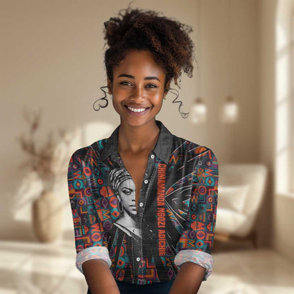 Chimamanda Ngozi Adichie Women Casual Shirt with Monochrome Portrait, The Danger of a Single Story Quote - African Pride