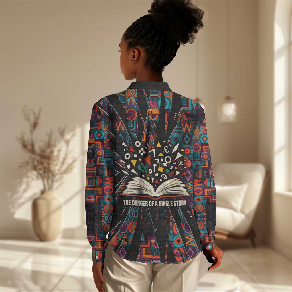 Chimamanda Ngozi Adichie Women Casual Shirt with Monochrome Portrait, The Danger of a Single Story Quote - African Pride