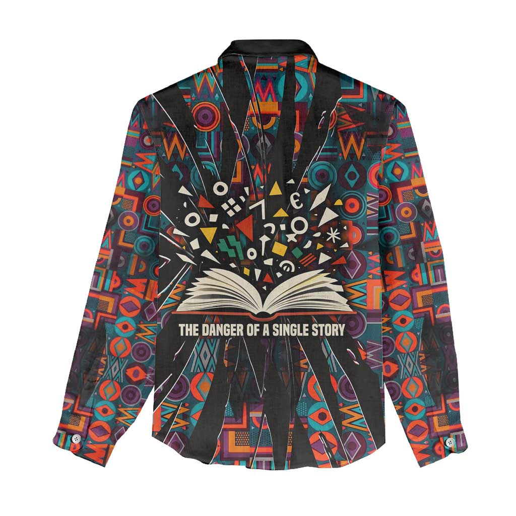 Chimamanda Ngozi Adichie Women Casual Shirt with Monochrome Portrait, The Danger of a Single Story Quote - African Pride