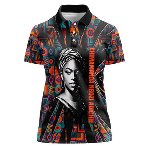 Chimamanda Ngozi Adichie Women Polo Shirt with Monochrome Portrait, The Danger of a Single Story Quote - African Pride
