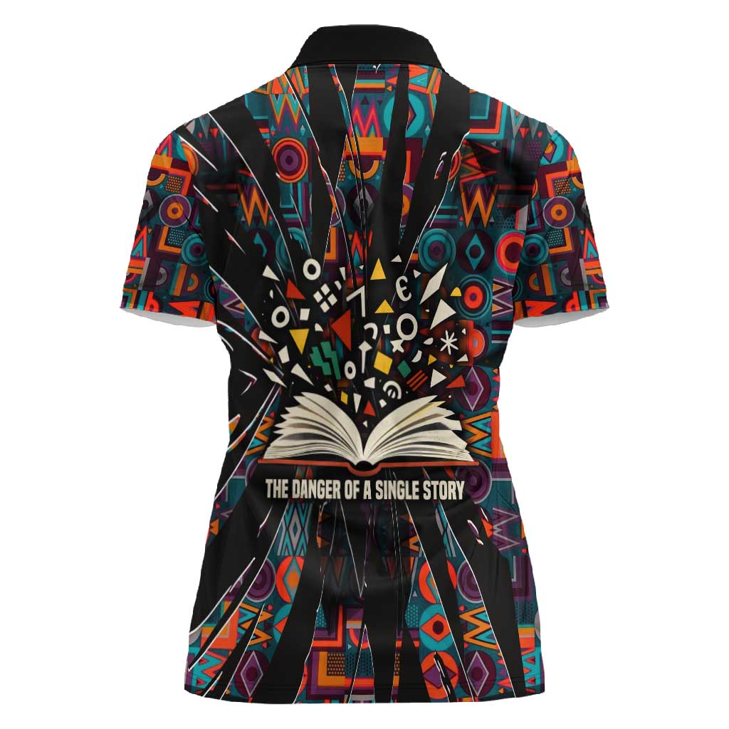 Chimamanda Ngozi Adichie Women Polo Shirt with Monochrome Portrait, The Danger of a Single Story Quote - African Pride