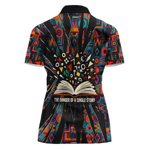 Chimamanda Ngozi Adichie Women Polo Shirt with Monochrome Portrait, The Danger of a Single Story Quote - African Pride