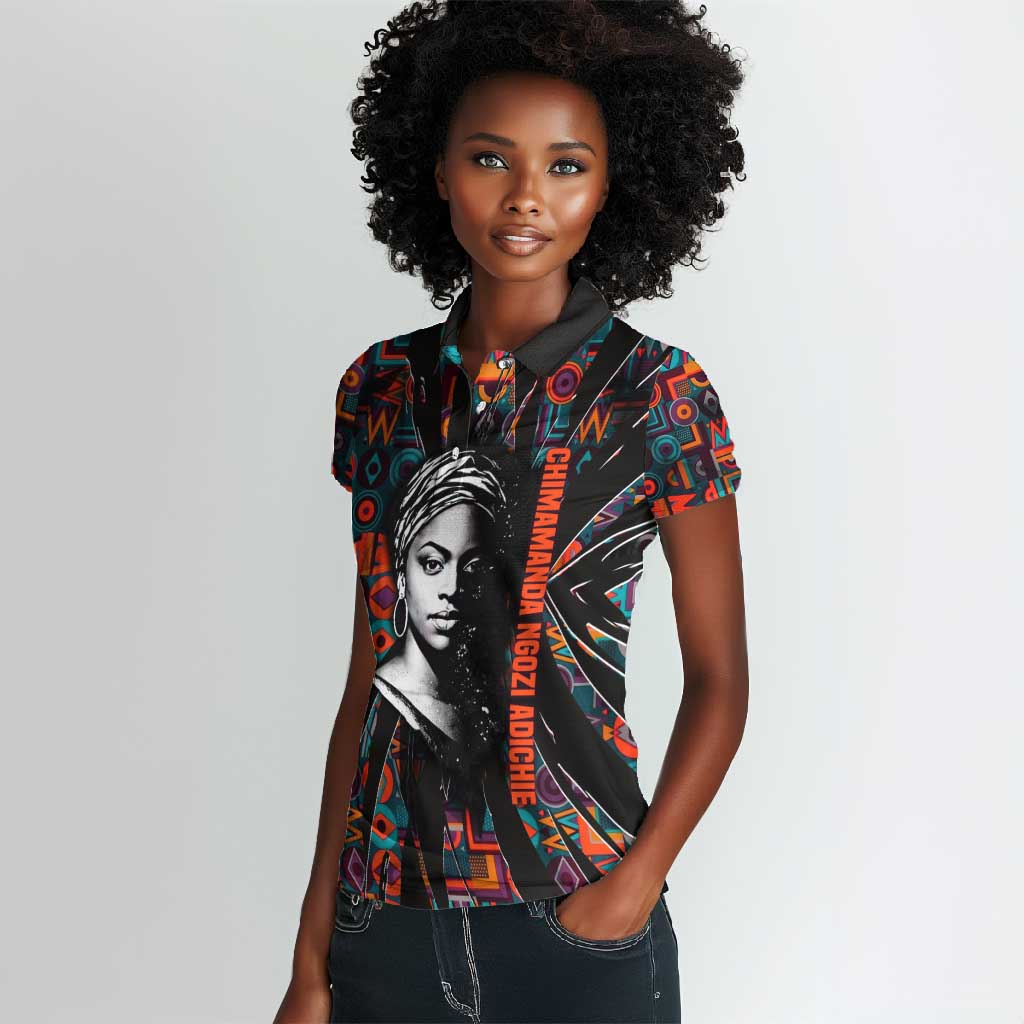 Chimamanda Ngozi Adichie Women Polo Shirt with Monochrome Portrait, The Danger of a Single Story Quote - African Pride