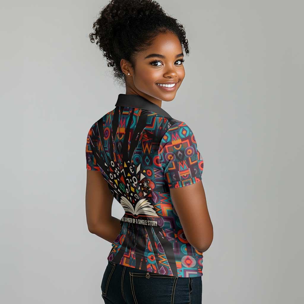 Chimamanda Ngozi Adichie Women Polo Shirt with Monochrome Portrait, The Danger of a Single Story Quote - African Pride