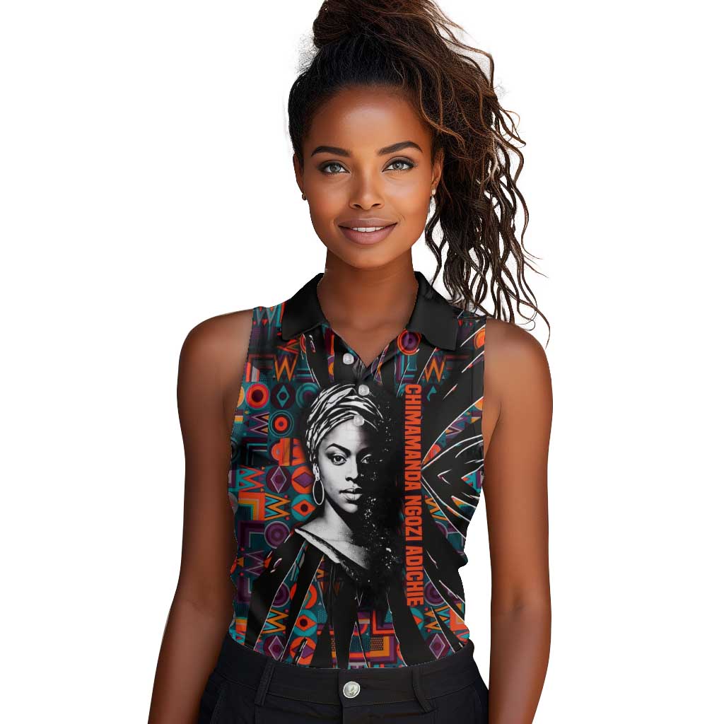Chimamanda Ngozi Adichie Women Sleeveless Polo Shirt with Monochrome Portrait, The Danger of a Single Story Quote - African Pride