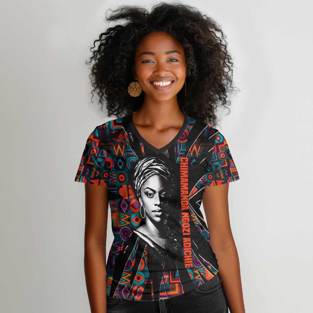 Chimamanda Ngozi Adichie Women V-Neck T-Shirt with Monochrome Portrait, The Danger of a Single Story Quote - African Pride