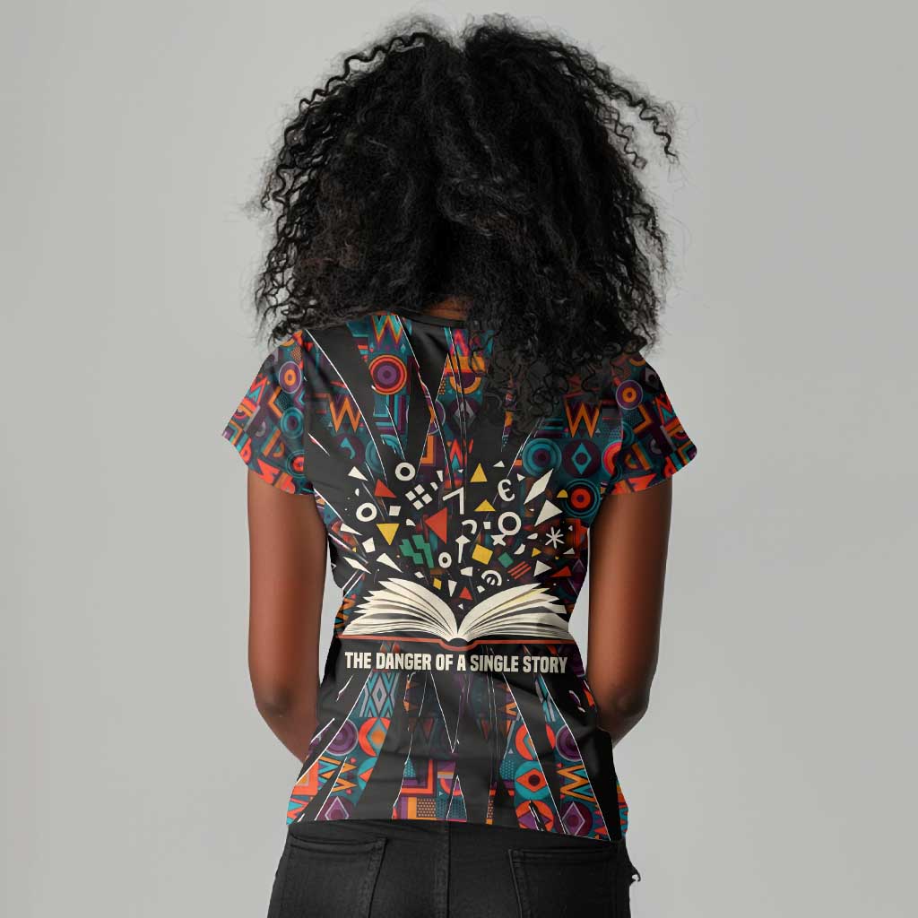 Chimamanda Ngozi Adichie Women V-Neck T-Shirt with Monochrome Portrait, The Danger of a Single Story Quote - African Pride