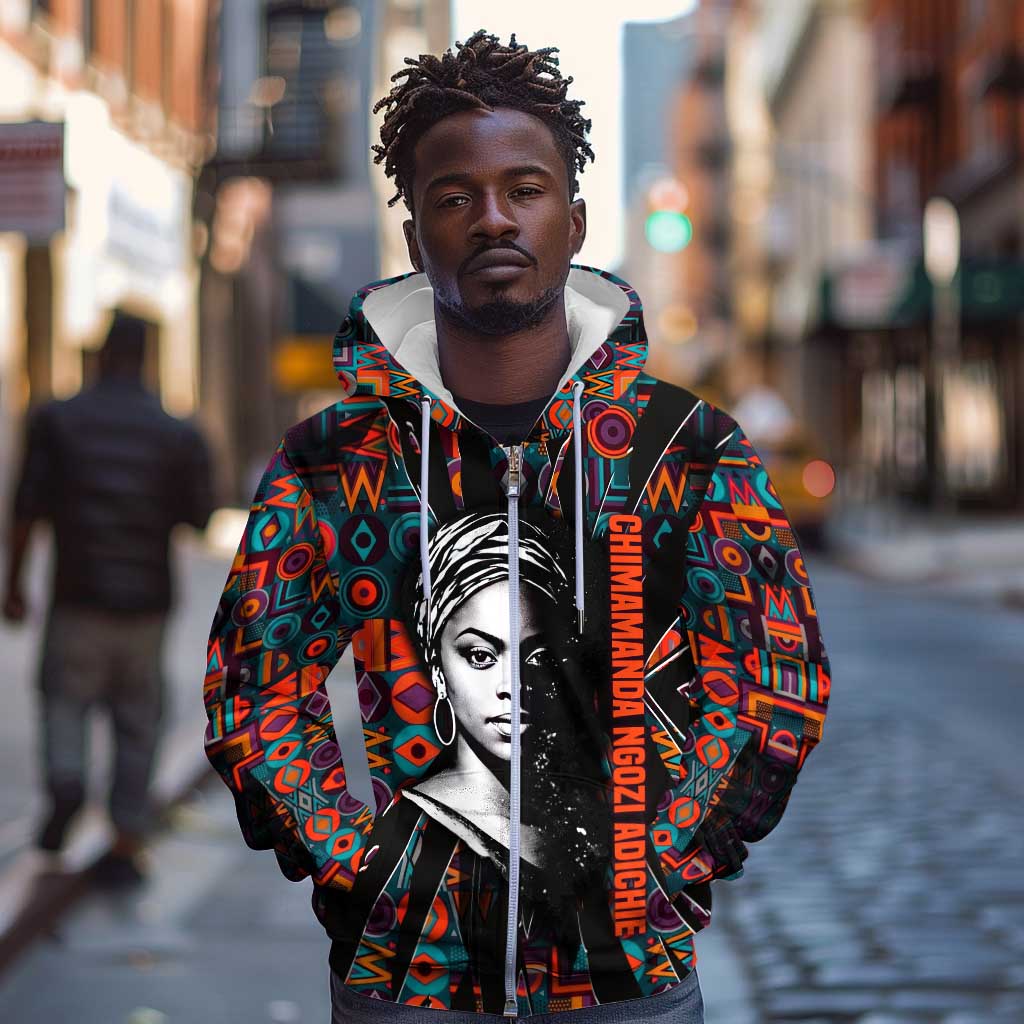 Chimamanda Ngozi Adichie Zip Hoodie with Monochrome Portrait, The Danger of a Single Story Quote - African Pride