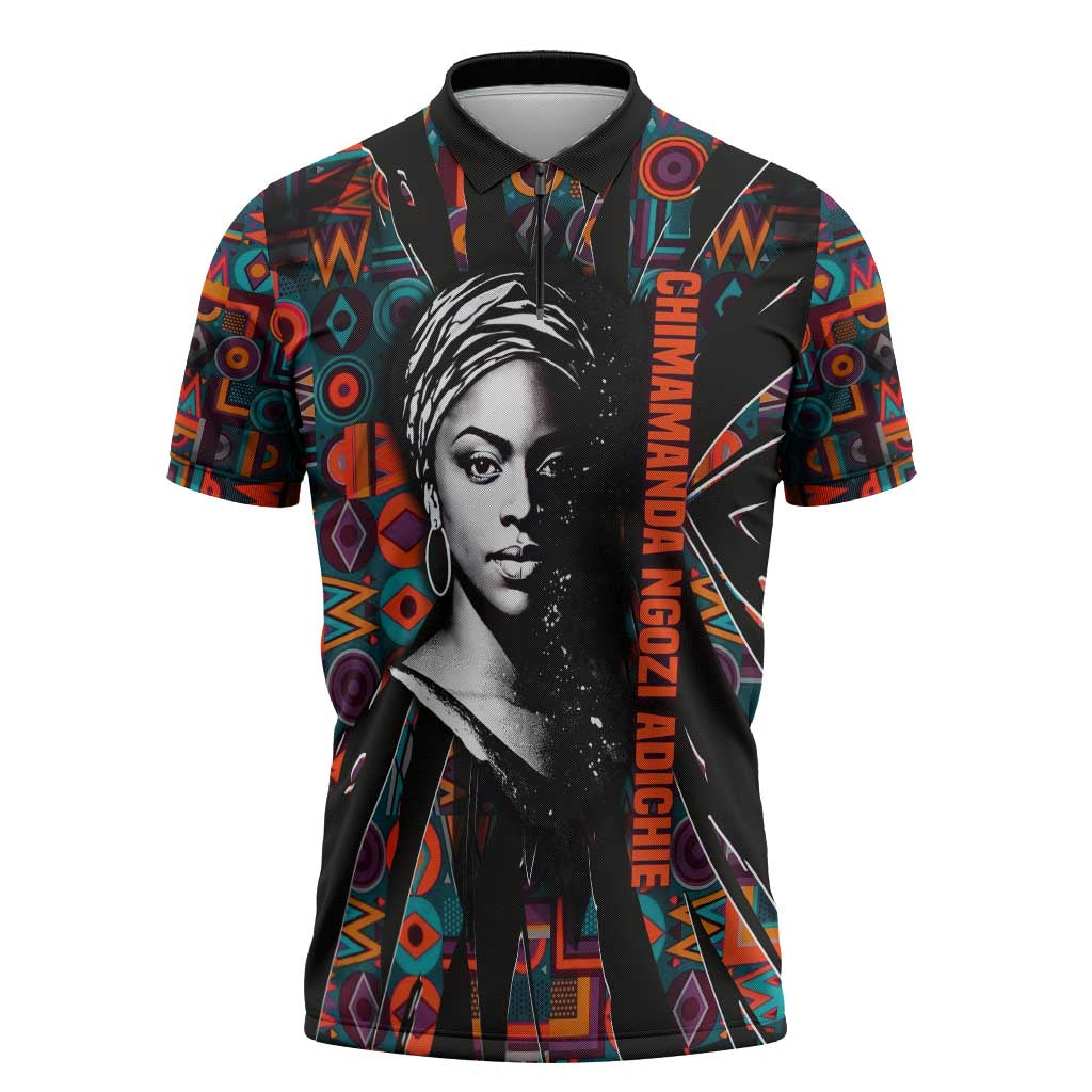 Chimamanda Ngozi Adichie Zipper Polo Shirt with Monochrome Portrait, The Danger of a Single Story Quote - African Pride