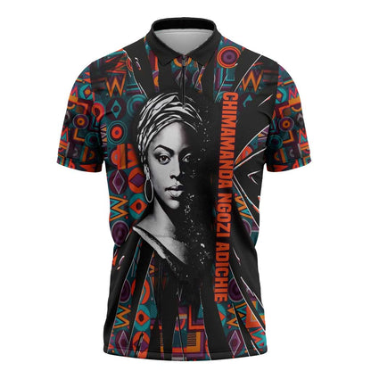Chimamanda Ngozi Adichie Zipper Polo Shirt with Monochrome Portrait, The Danger of a Single Story Quote - African Pride