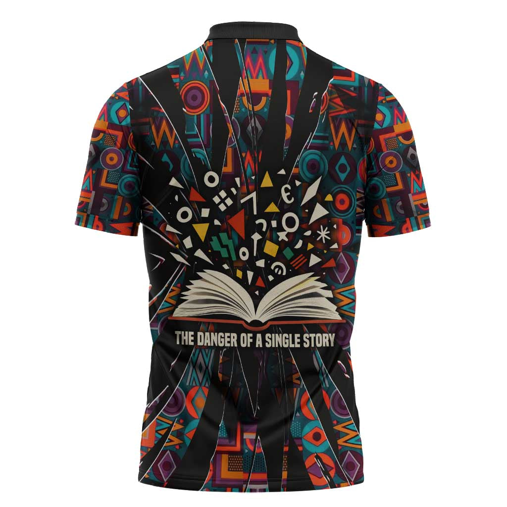 Chimamanda Ngozi Adichie Zipper Polo Shirt with Monochrome Portrait, The Danger of a Single Story Quote - African Pride