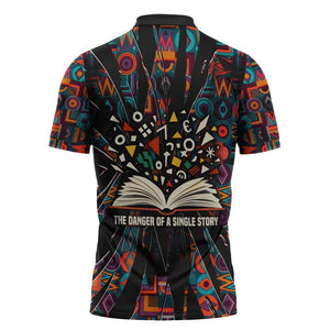 Chimamanda Ngozi Adichie Zipper Polo Shirt with Monochrome Portrait, The Danger of a Single Story Quote - African Pride