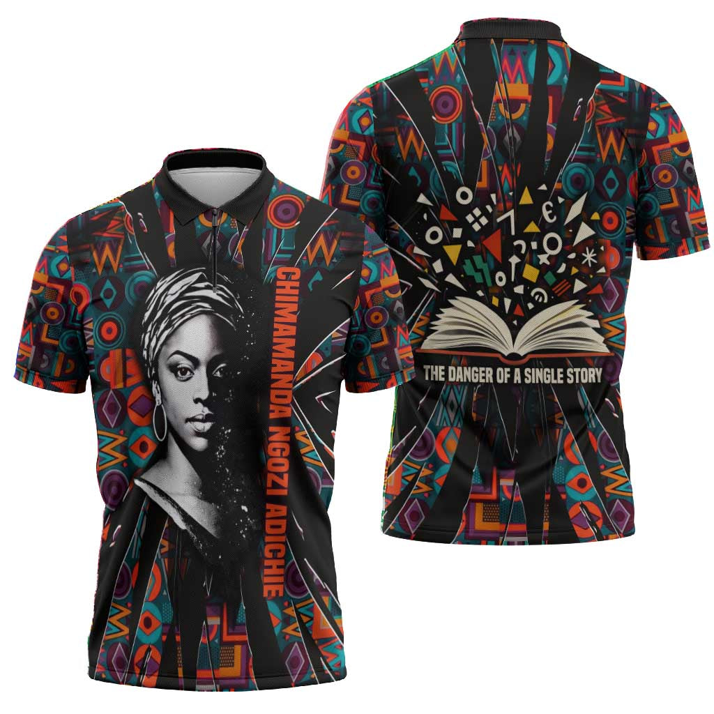 Chimamanda Ngozi Adichie Zipper Polo Shirt with Monochrome Portrait, The Danger of a Single Story Quote - African Pride