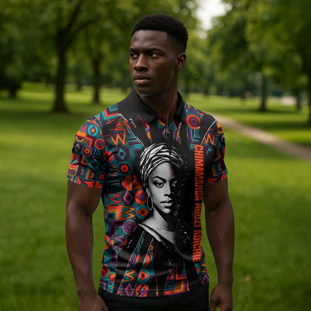 Chimamanda Ngozi Adichie Zipper Polo Shirt with Monochrome Portrait, The Danger of a Single Story Quote - African Pride