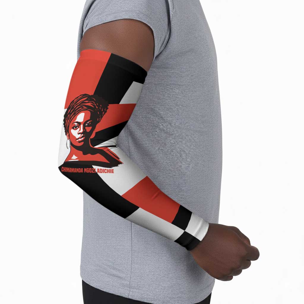 Chimamanda Ngozi Adichie Arm Sleeves with Bold Red Portrait, We Should All Be Feminists Quote - African Pride