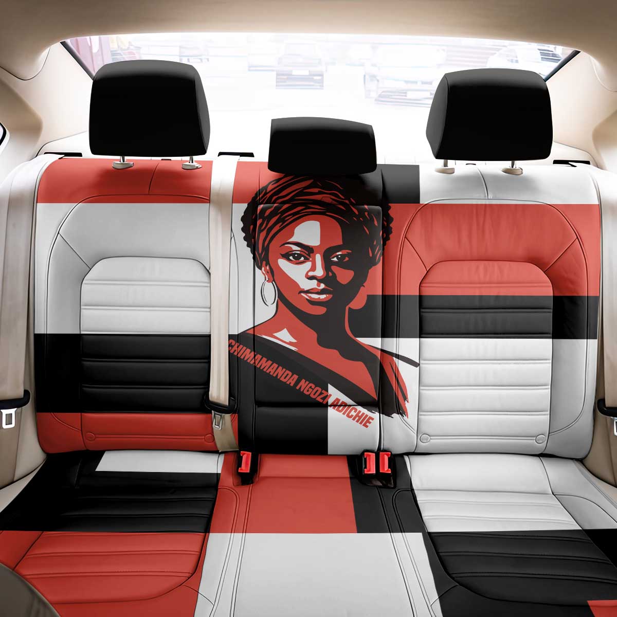 Chimamanda Ngozi Adichie Back Car Seat Cover with Bold Red Portrait, We Should All Be Feminists Quote - African Pride