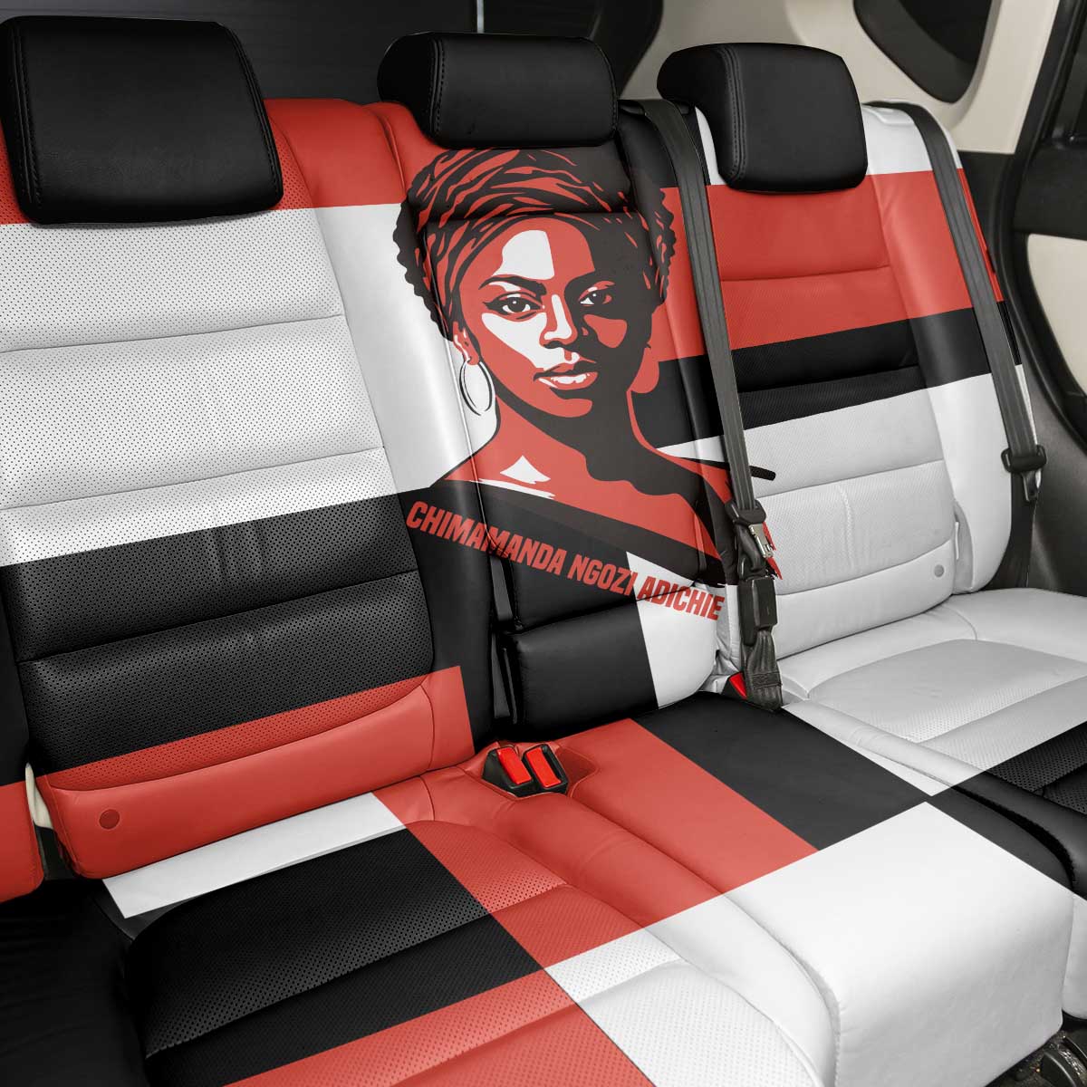Chimamanda Ngozi Adichie Back Car Seat Cover with Bold Red Portrait, We Should All Be Feminists Quote - African Pride