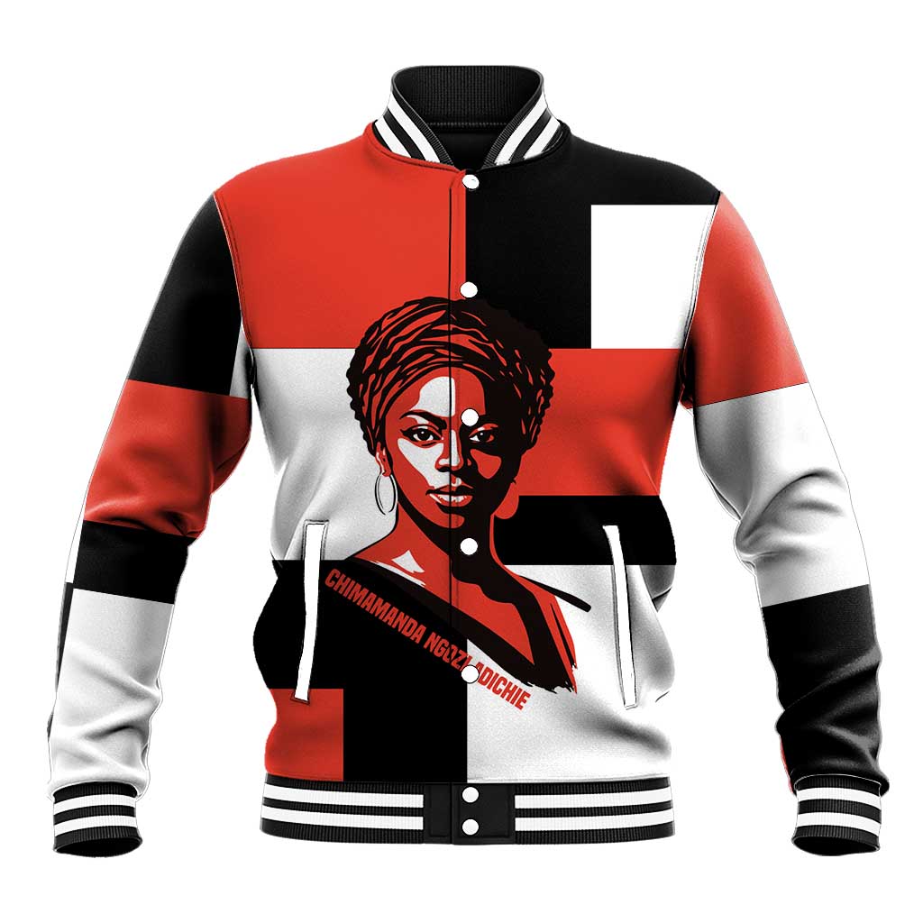 Chimamanda Ngozi Adichie Baseball Jacket with Bold Red Portrait, We Should All Be Feminists Quote - African Pride