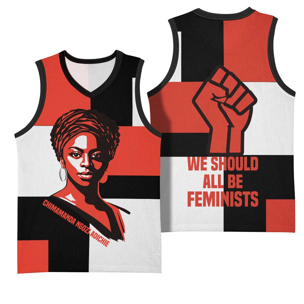 Chimamanda Ngozi Adichie Basketball Jersey with Bold Red Portrait, We Should All Be Feminists Quote - African Pride