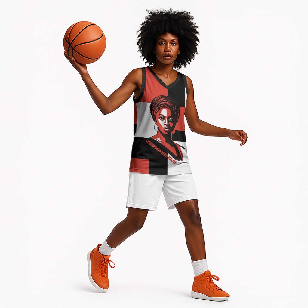 Chimamanda Ngozi Adichie Basketball Jersey with Bold Red Portrait, We Should All Be Feminists Quote - African Pride
